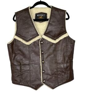 Vintage Sears Western Outdoor Wear Size L Leather Vest Sherpa Lined Brown